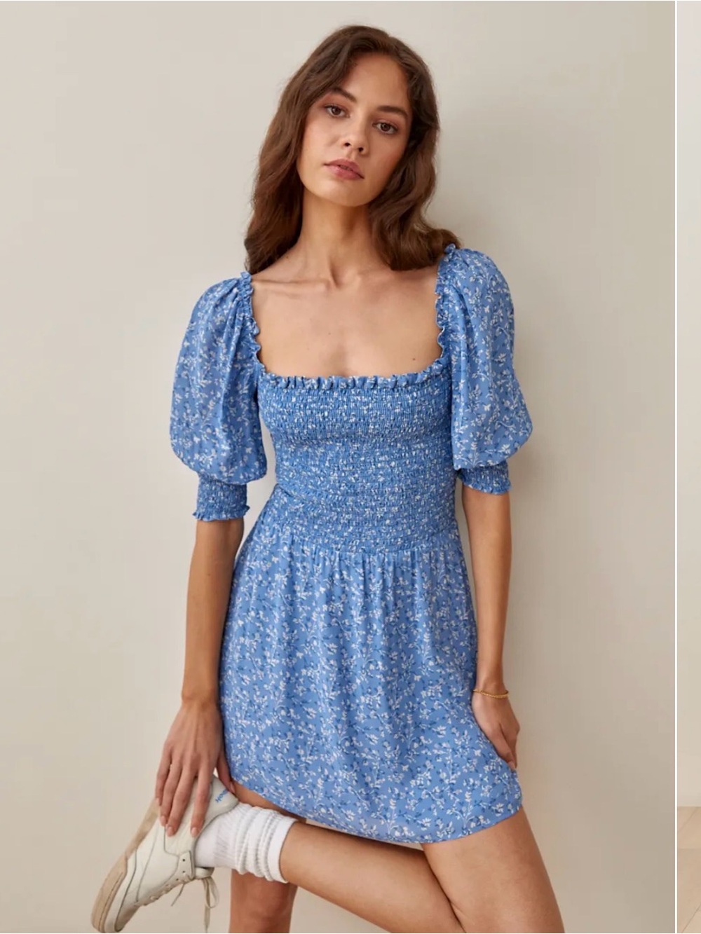 Reformation Blue Floral Smocked Mini Dress